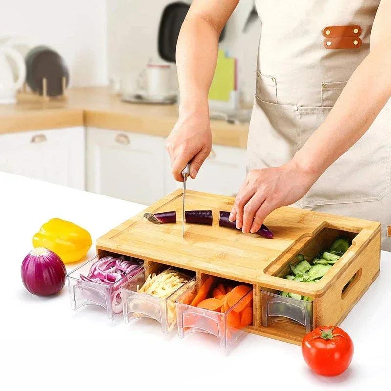 Large Bamboo Cutting Board with 4 Drawers, Containers, Tray, and Grater - District Goods