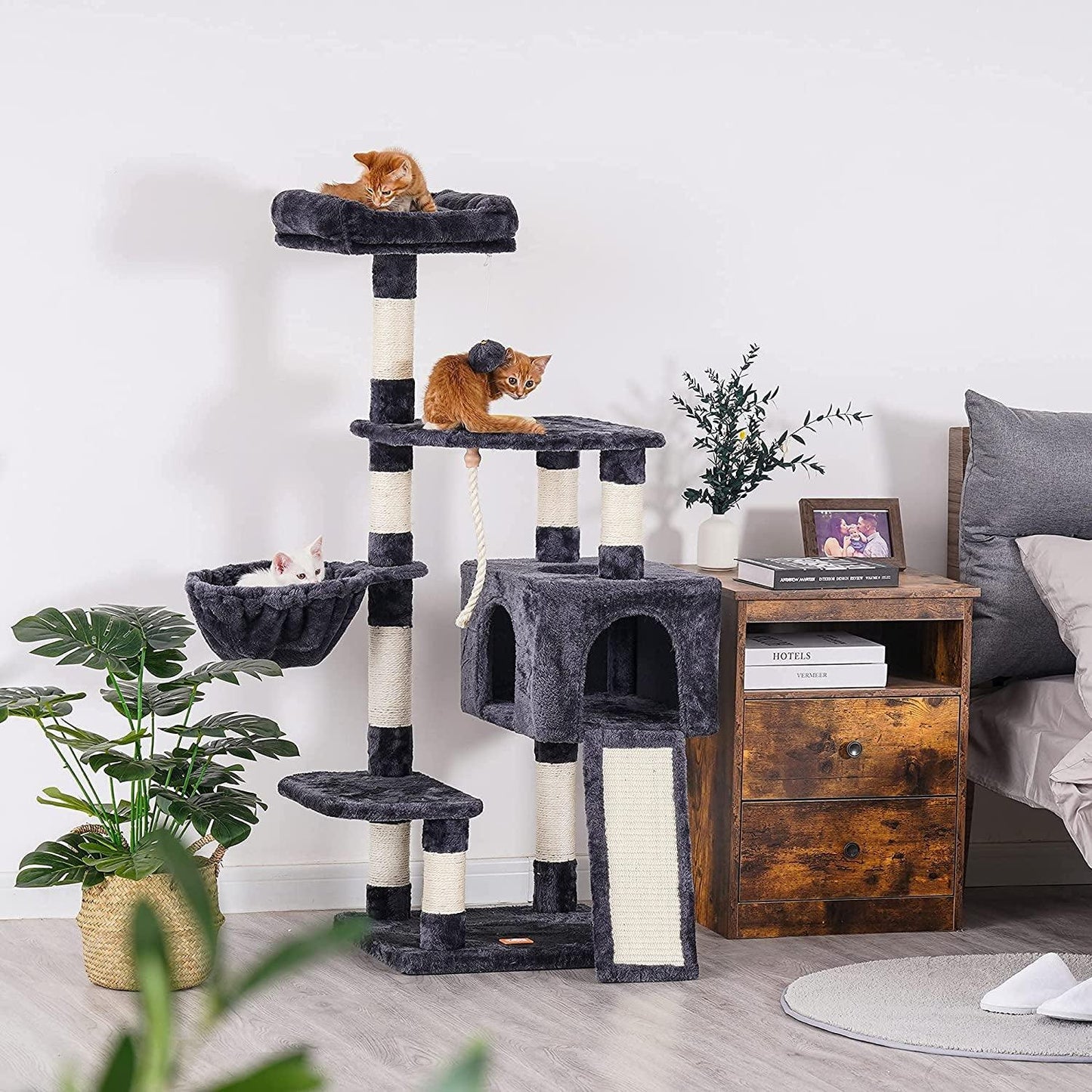Multi-Level Cat Tree Condo with Scratching Board and Feeding Bowl - District Goods