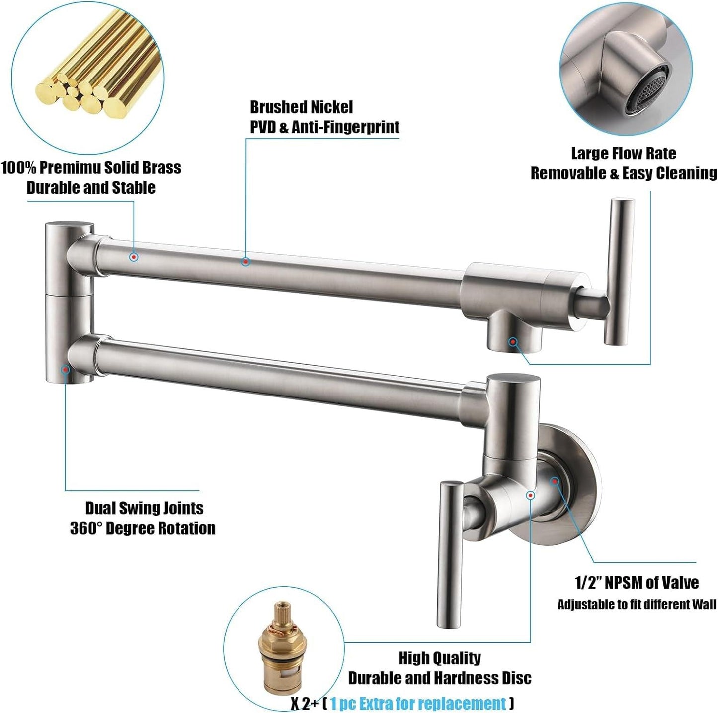 Wall Mount Brass Pot Filler Faucet with Double Joint Swing Arms - District Goods