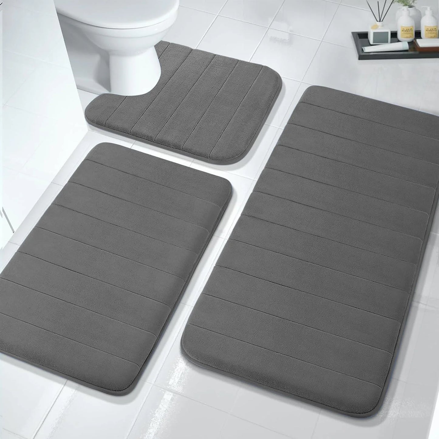 Luxury Memory Foam Bathroom Rug Set - Absorbent, Non-Slip, 3-Piece Set in Dark Gray - District Goods