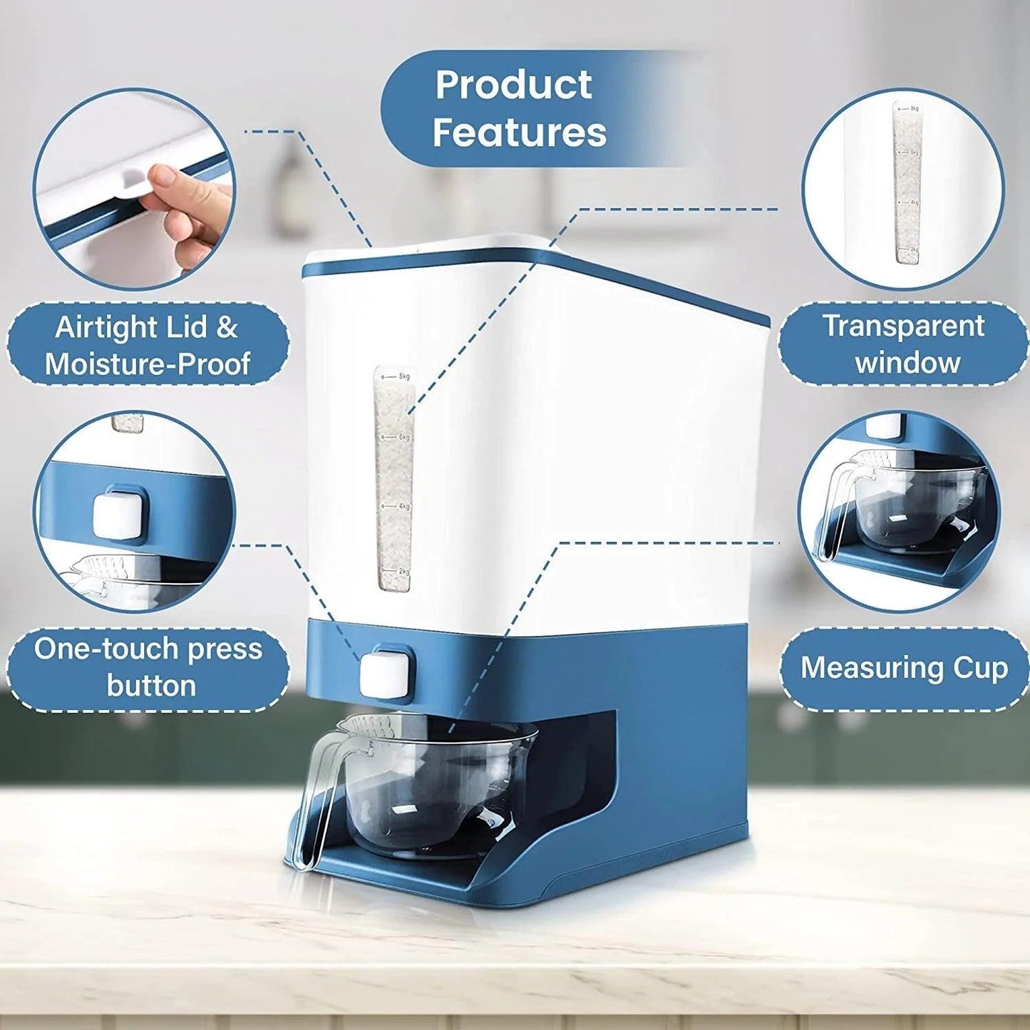 Large Capacity Rice Dispenser with Measuring Cylinder and Lid - District Goods