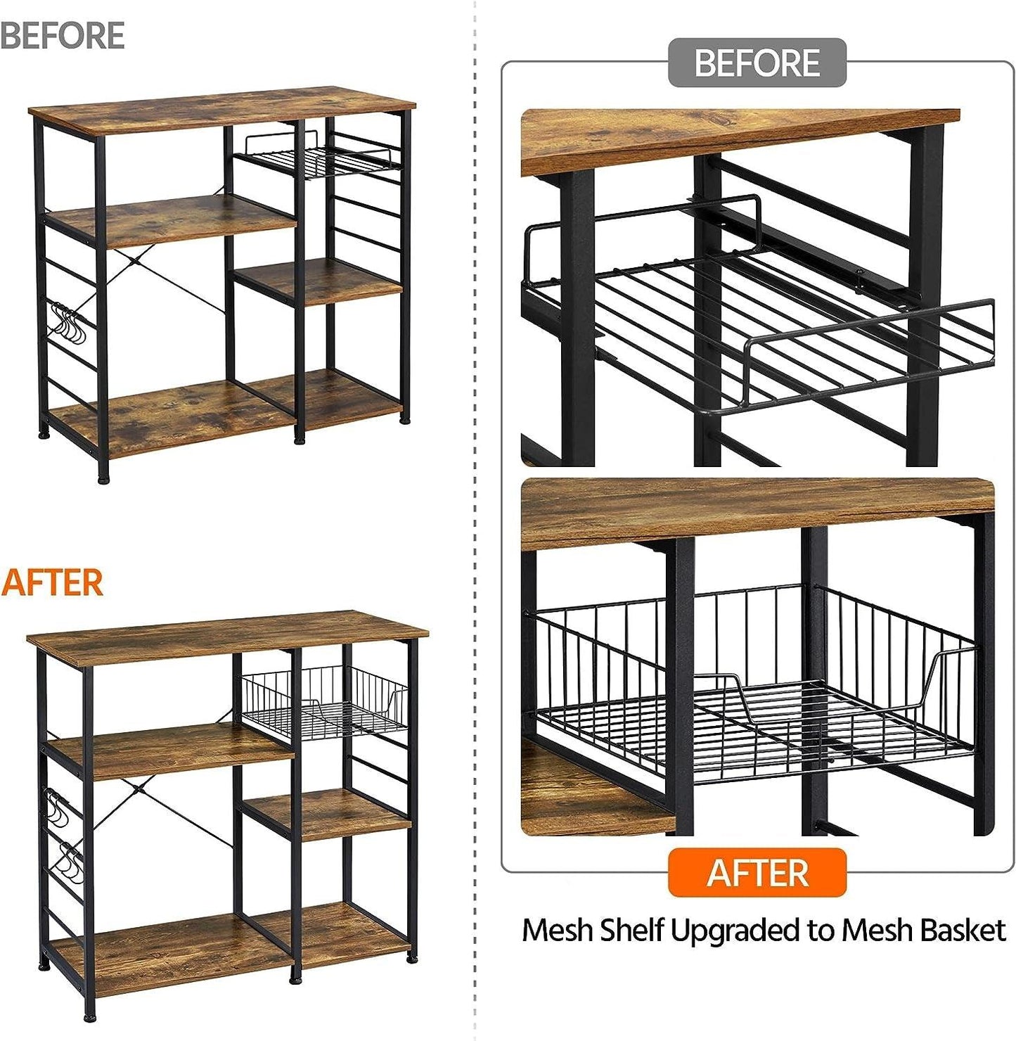 Rustic Brown 4-Tier Kitchen Baker's Rack with Wire Basket and Hooks - District Goods