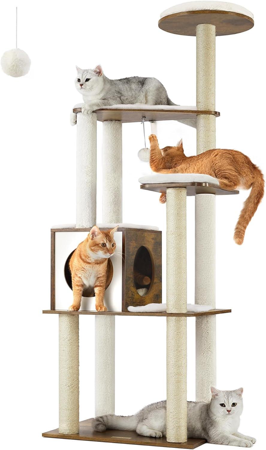 Modern 65-Inch Cat Tree with Multiple Levels and Scratching Posts - District Goods