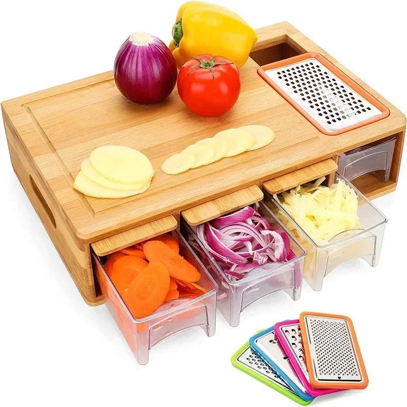 Large Bamboo Cutting Board with 4 Drawers, Containers, Tray, and Grater - District Goods