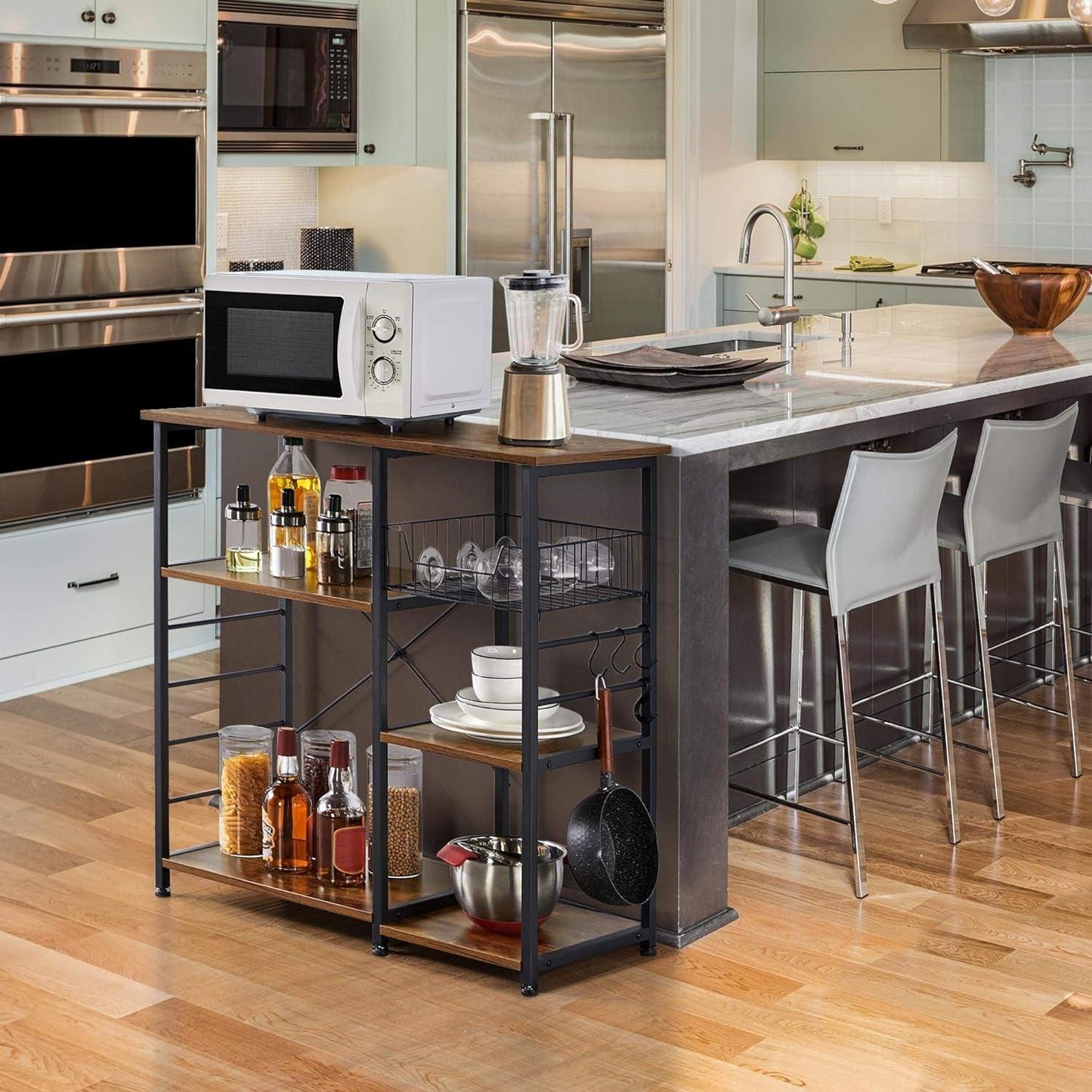 Rustic Brown 4-Tier Kitchen Baker's Rack with Wire Basket and Hooks - District Goods