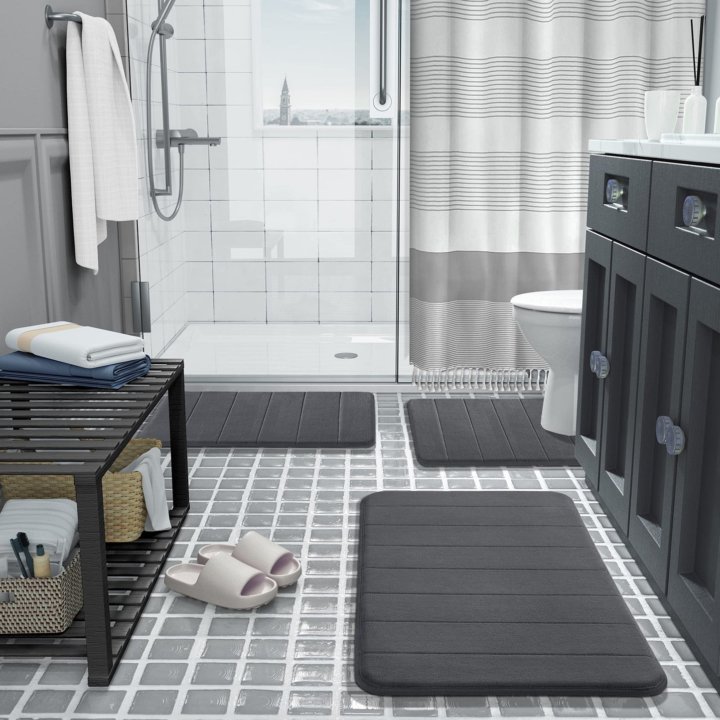 Luxury Memory Foam Bathroom Rug Set - Absorbent, Non-Slip, 3-Piece Set in Dark Gray - District Goods