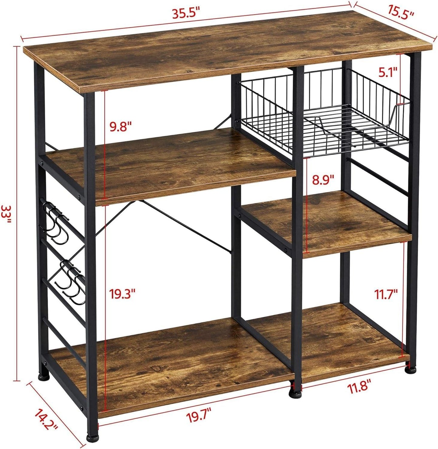 Rustic Brown 4-Tier Kitchen Baker's Rack with Wire Basket and Hooks - District Goods