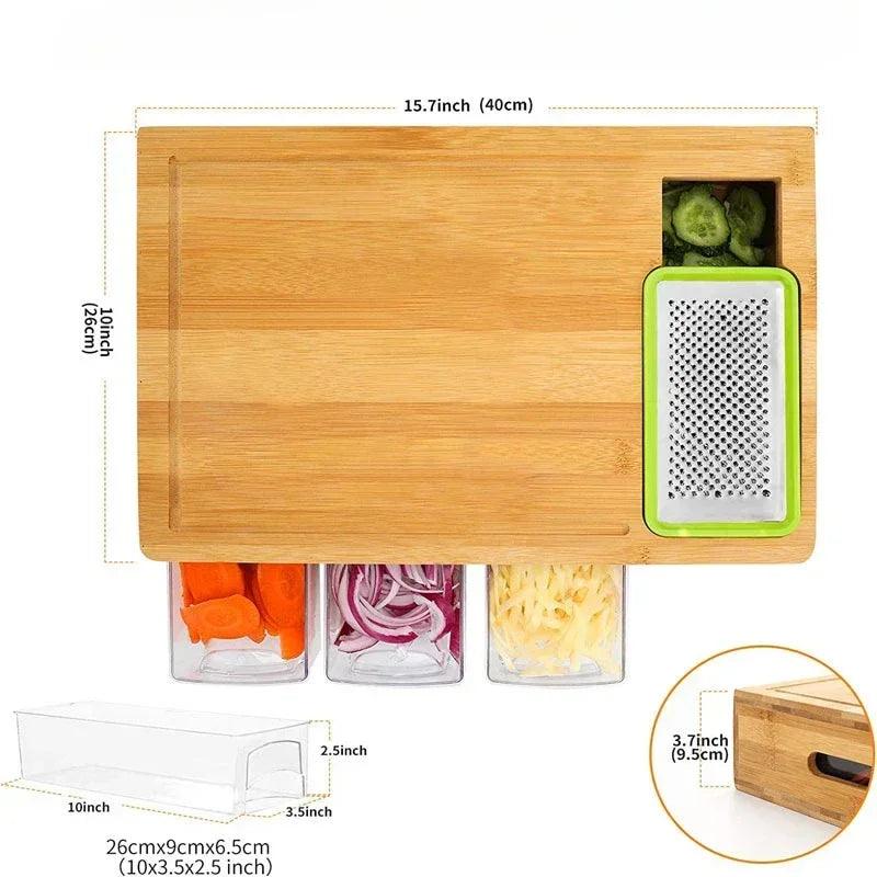 Large Bamboo Cutting Board with 4 Drawers, Containers, Tray, and Grater - District Goods