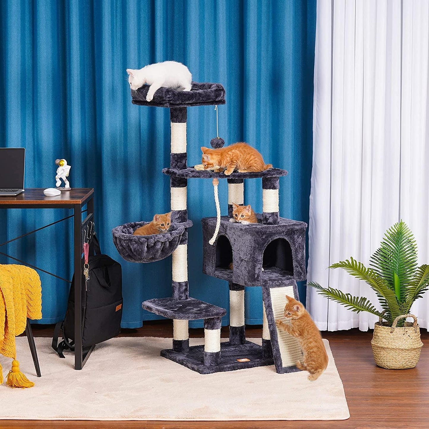 Multi-Level Cat Tree Condo with Scratching Board and Feeding Bowl - District Goods