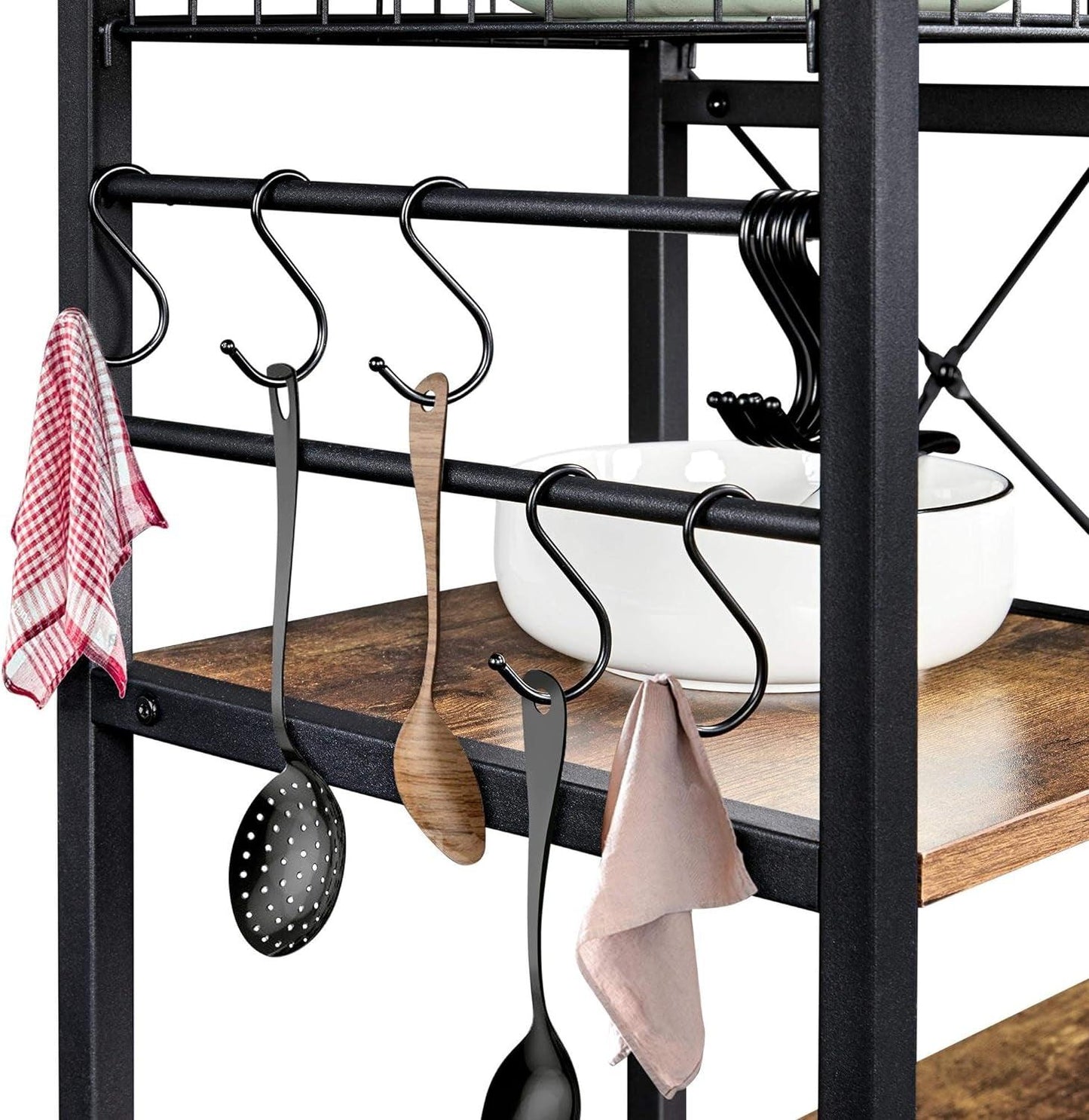 Rustic Brown 4-Tier Kitchen Baker's Rack with Wire Basket and Hooks - District Goods