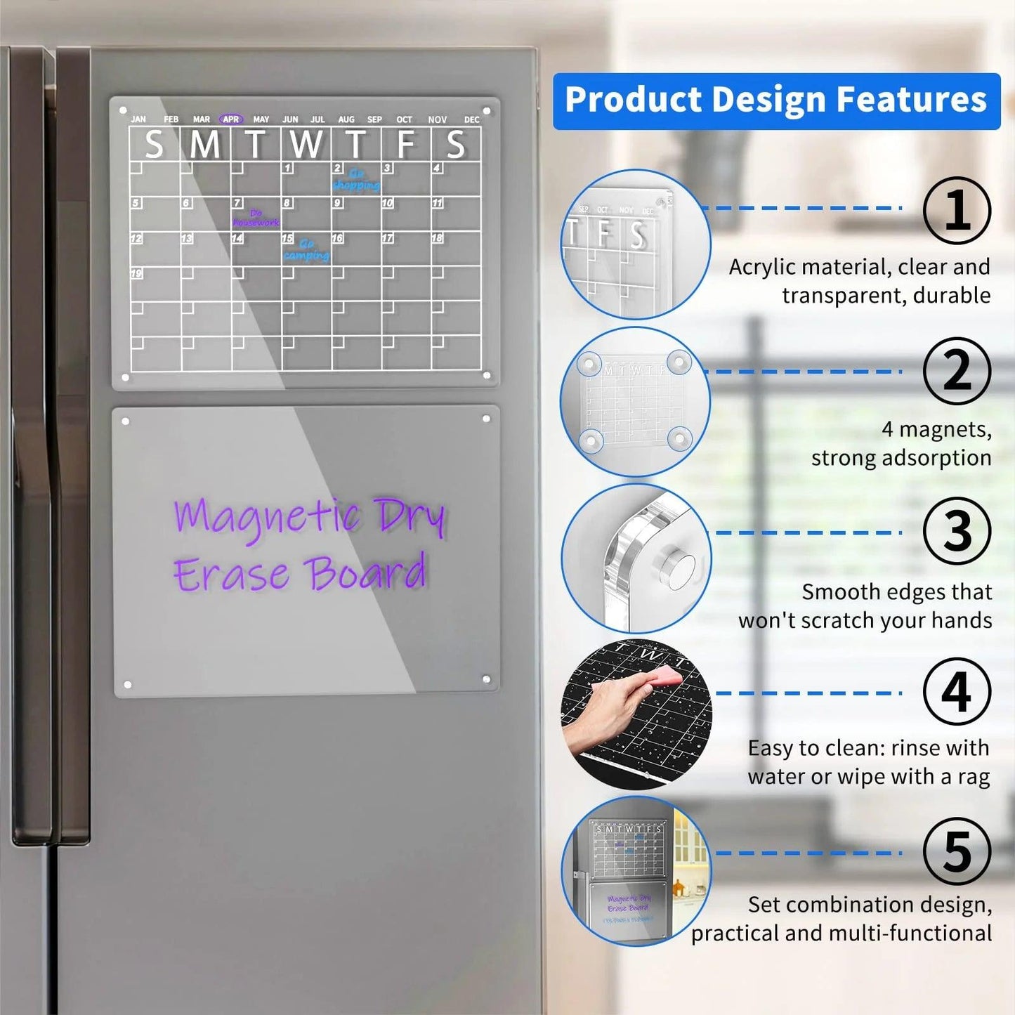 Acrylic Magnetic Dry Erase Calendar Board for Refrigerator - 16" x 12" - District Goods