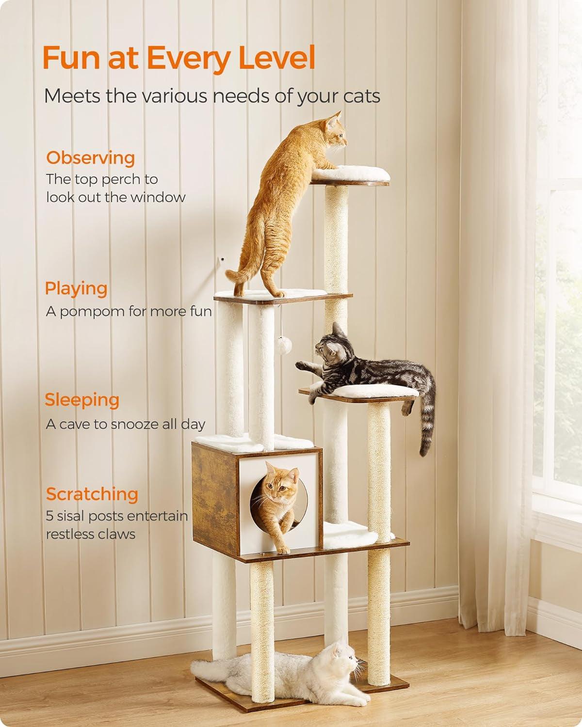 Modern 65-Inch Cat Tree with Multiple Levels and Scratching Posts - District Goods