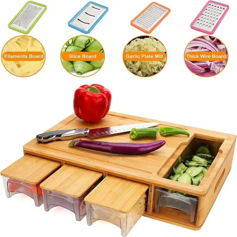 Large Bamboo Cutting Board with 4 Drawers, Containers, Tray, and Grater - District Goods