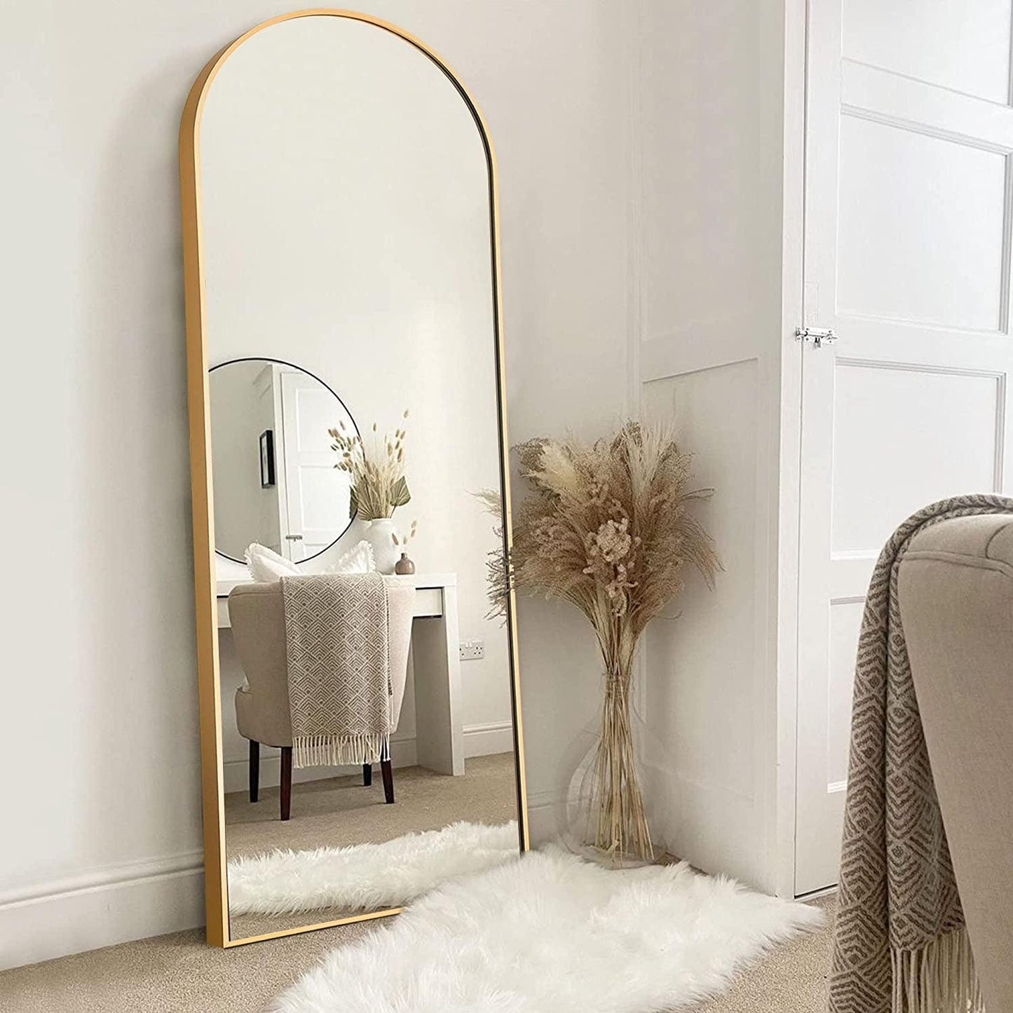 Oversized Full Length Arched Mirror with Thin Gold Frame, 65"X22" - District Goods