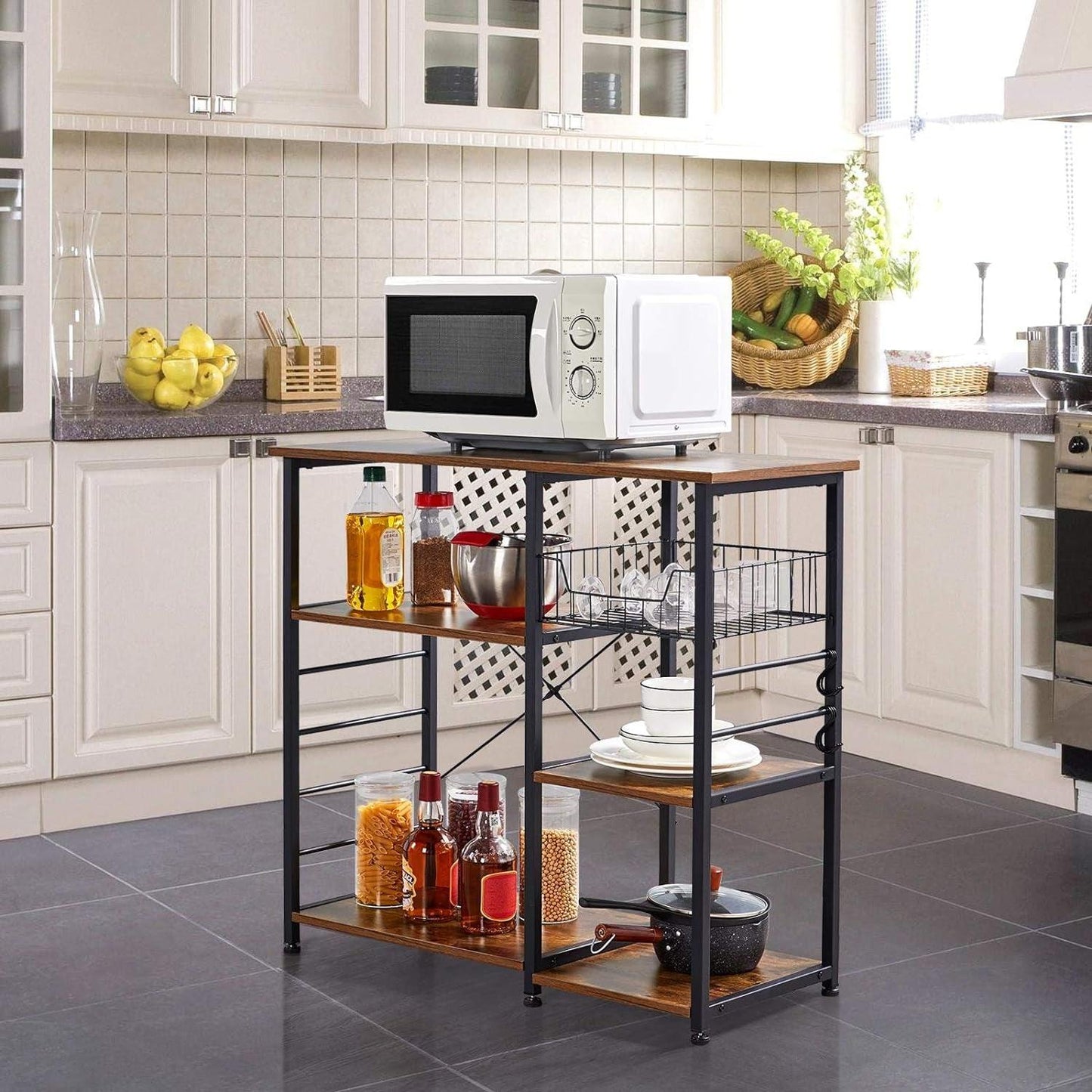 Rustic Brown 4-Tier Kitchen Baker's Rack with Wire Basket and Hooks - District Goods