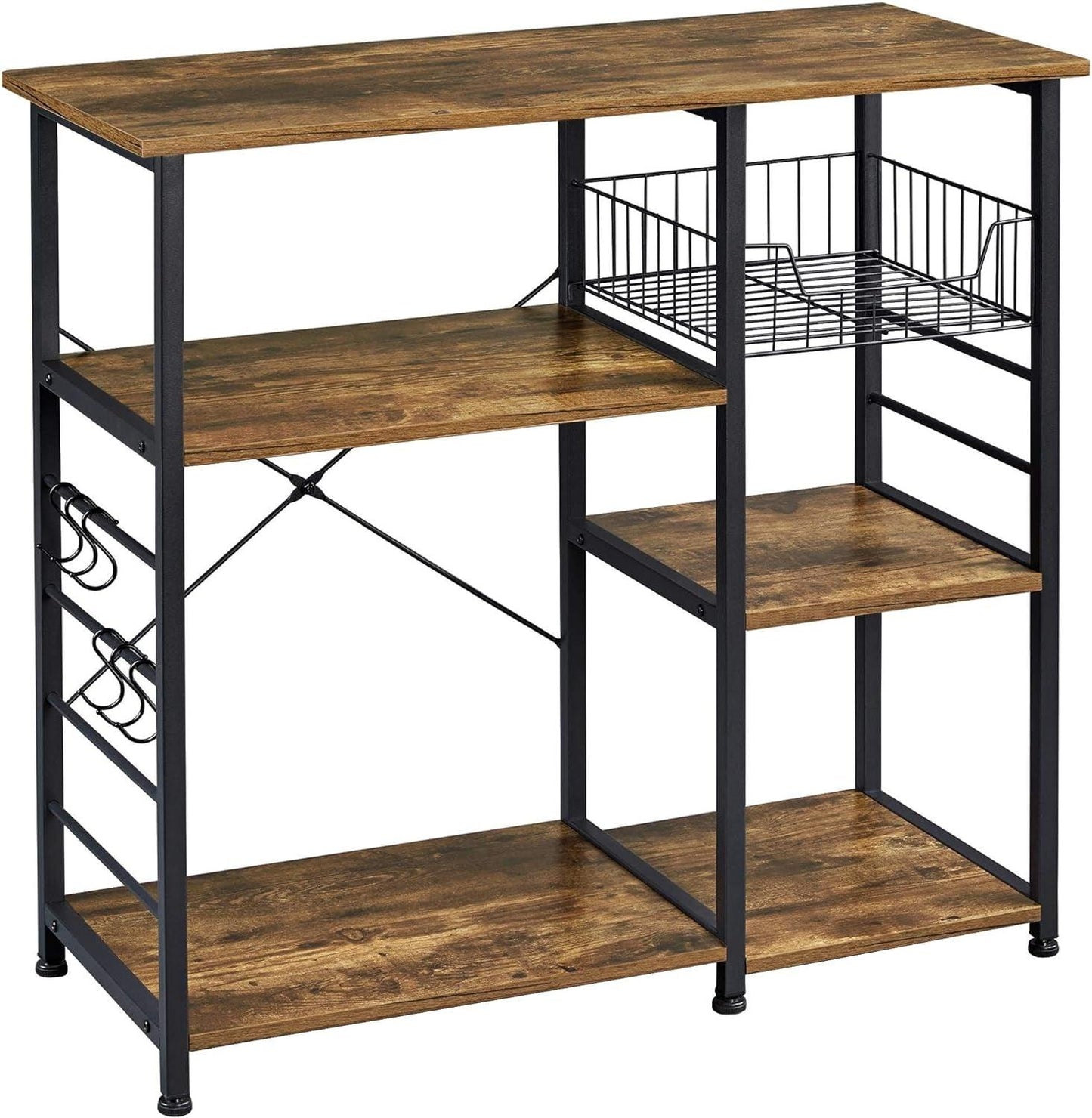 Rustic Brown 4-Tier Kitchen Baker's Rack with Wire Basket and Hooks - District Goods