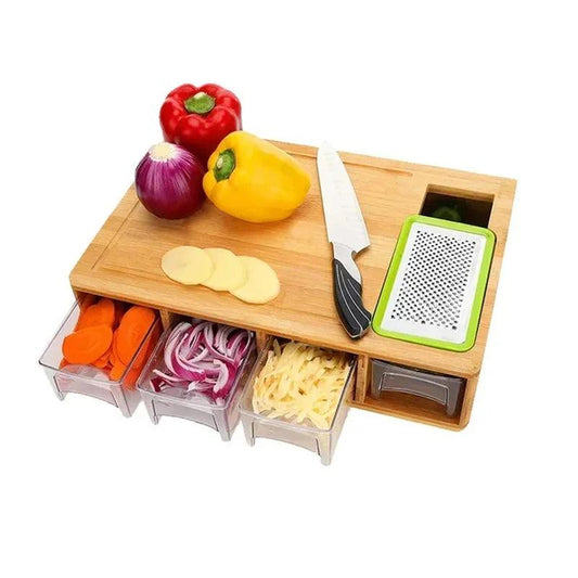 Large Bamboo Cutting Board with 4 Drawers, Containers, Tray, and Grater - District Goods
