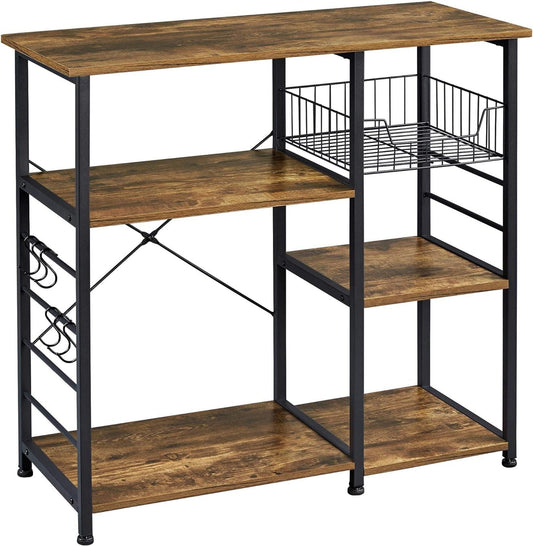 Rustic Brown 4-Tier Kitchen Baker's Rack with Wire Basket and Hooks - District Goods